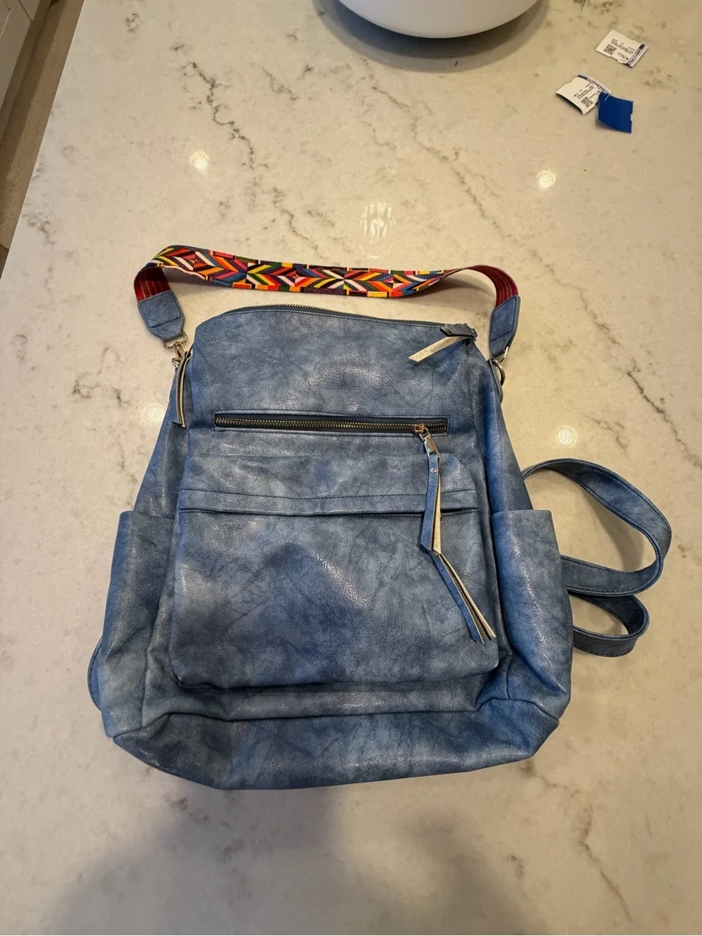 Dusty Blue heritage Vegan Leather Backpack with guitar  Colorful Strap